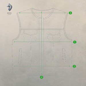 May include: A technical line drawing of a sleeveless vest featuring a round neckline, two chest pockets with flaps, and two vertical side pockets. Green arrows and numbered circles indicate measurement points for width and length across the garment.