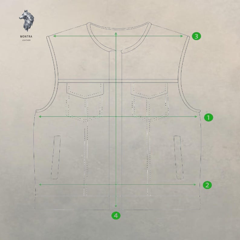 May include: A technical line drawing of a sleeveless vest featuring a round neckline, two chest pockets with flaps, and two vertical side pockets. Green arrows and numbered circles indicate measurement points for width and length across the garment.