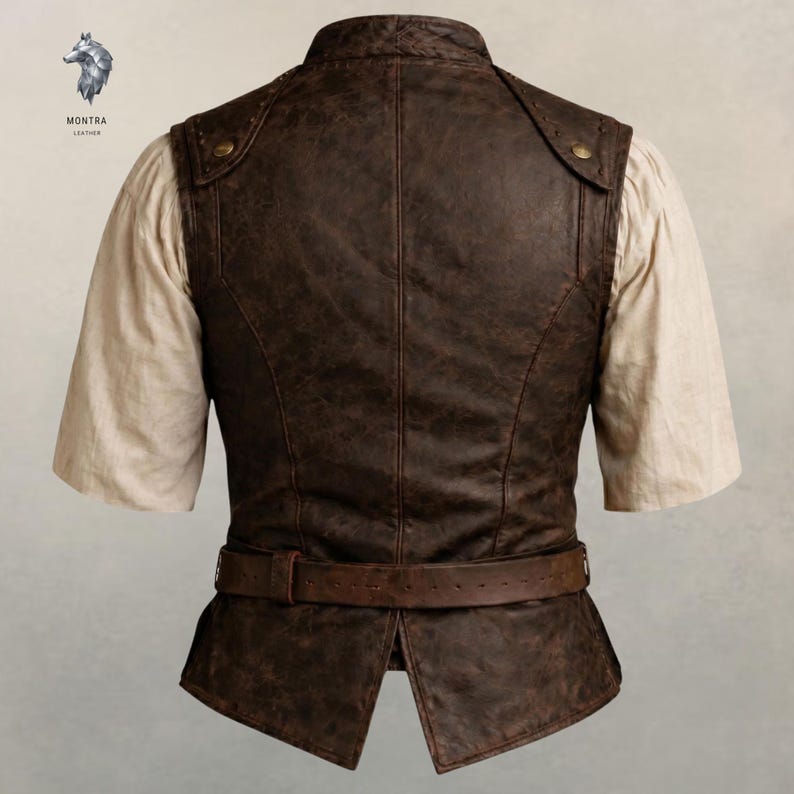 May include: A dark brown leather vest with a weathered texture, featuring a high collar, shoulder epaulets with brass-toned buttons, and an integrated waist belt. The vest is worn over a cream-colored short-sleeved shirt. Logo reads MONTRA LEATHER.