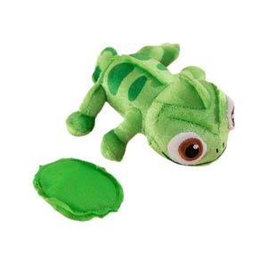 May include: A plush green chameleon toy with large brown and white eyes, and a separate green leaf-shaped piece. The chameleon has darker green spots and details. The toy is made of soft fabric.
