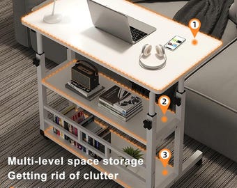 Adjustable Height Wooden Desk with Multi-Layer Storage, Rolling Workstation Table