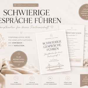 Op de afbeelding: Een set digitale scriptkaarten voor relatiecommunicatie met de Duitse tekst SCHWIERIGE GESPRÄCHE FÜHREN. De kaarten bevatten voorgeschreven zinnen voor conflictbeheersing, een brugillustratie en iconen voor duidelijke formuleringen, praktische toepassing en verbinding.