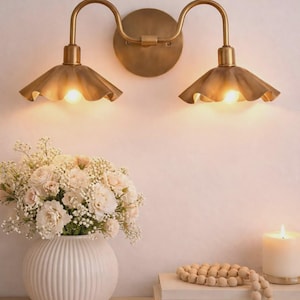 Vintage Brass Double Wall Sconce | Antique Brass Bathroom Vanity Light | Mid Century Wall Lamp