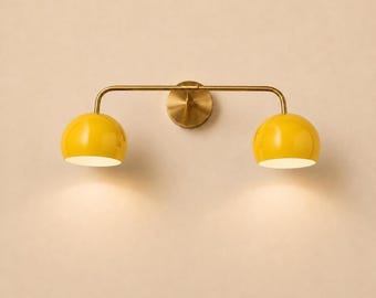 Handmade Mid Century Modern Brass Double Sconce | Yellow Dome Shade Wall Light