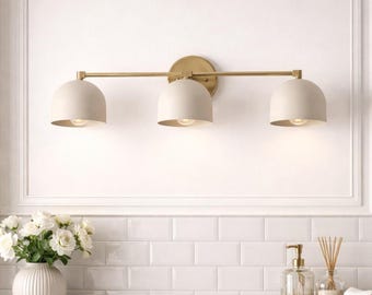 Mid Century Modern Vanity Light, Brass Bathroom Wall Light, 3 Light Vanity Fixture, Matte White Glass Shades, Bathroom Lighting