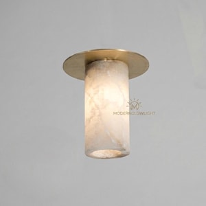 Handmade Alabaster Flush Mount Ceiling Light, Solid Brass Fixture, Modern Minimalist Lamp