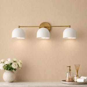 3-Light Brass Bathroom Vanity Light | White Dome Wall Sconce | Mid-Century Modern Bath Lighting | Handmade Brass Fixture | Bedroom Mirror