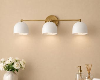 Mid Century Modern Brass Vanity Wall Light, 3-Light Fixture, Matte White Shades