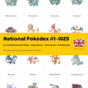 Può includere: Una tabella di riferimento digitale che mostra vari personaggi Pokémon tra cui Bulbasaur, Charmander e Blastoise. Il banner giallo centrale riporta il testo National Pokédex #1-1025, Includes Extended (Mega + Gigantamax) + Generation 1-9 Pokédexes.