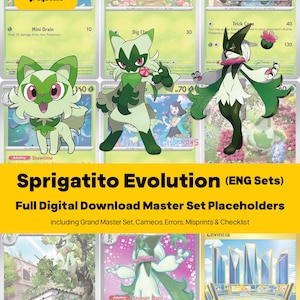Sprigatito Floragato Meowscarada (Sprigatito Line) Master Set Platzhouders + Checklist, Alle Engelse Kaarten, Pokemon Mapbladen PDF