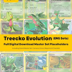 Lista de verificação e marcadores de posição para o conjunto completo da linha evolutiva do Treecko, 83 cartas + todas as variantes, PDF imprimível de Pokémon