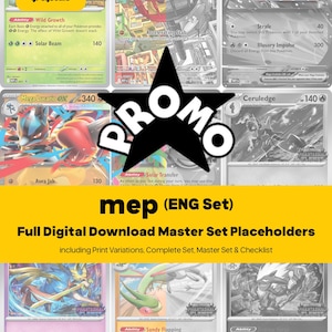 May include: A digital collection of Pokémon trading card placeholders featuring various character illustrations, including Mega Lucario and Ceruledge, with text overlays stating 6x sets available in colour & greyscale, PROMO, and mep (ENG Set) Full Digital Download Master Set Placeholders.