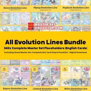 Könnte beinhalten: Ein digitales Download-Paket mit 340 Platzhaltern für komplette englische Kartensets. Die Grafik zeigt verschiedene Evolutionsreihen, darunter Eevee, Piplup, Psyduck, Espurr, Litwick und Shinx, sowie den Text Master Set Collector.