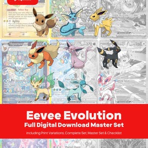 Könnte beinhalten: Ein digitales Download-Master-Set mit Evoli und seinen Entwicklungen in Farbe und Graustufen. Die Sammlung enthält verschiedene Sammelkarten-Designs mit Charakteren wie Aquana, Blitza, Flamara, Psiana, Nachtara, Folipurba, Glaziola und Feelinara.