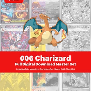 Puede incluir: Un conjunto maestro de descarga digital que presenta varios diseños de cartas coleccionables Charizard en color y escala de grises. La colección incluye variaciones de impresión, un set completo y una lista de verificación 006 Charizard.