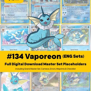 Zestaw Vaporeon Master Set Pokemon Binder – Pełna kolekcja kart – Wszystkie karty w języku angielskim – Elementy zastępcze + lista kontrolna – Pobierz plik PDF do druku