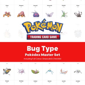 May include: A Pokémon Trading Card Game Pokédex Master Set featuring various Bug-type Pokémon. The image includes colorful illustrations of creatures like Caterpie, Metapod, and Butterfree, along with the text "Bug Type" and "Pokédex Master Set."