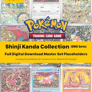 May include: A digital collection of Pokémon Trading Card Game Shinji Kanda master set placeholders. The image displays various cards including Aerodactyl, Roaring Moon, Magikarp, Oricorio, Slowbro, and Moltres, with text overlays detailing the set contents.