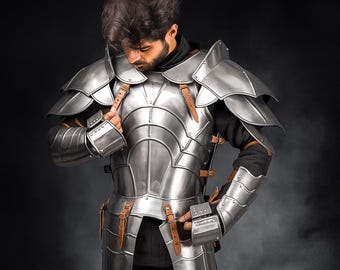 Conjunto de armadura medieval de acero de calibre 18: coraza de media pieza, hombreras y guanteletes, disfraz para LARP, armadura para cosplay, equipo para recreaciones históricas.