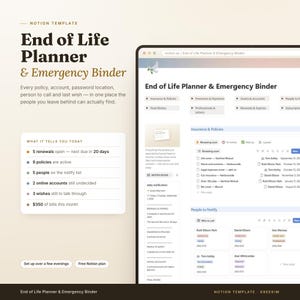 End of Life Planner Notion Template | Emergency Binder, Executor Checklist, Important Documents Organizer, Legacy Planner Digital
