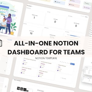 Könnte beinhalten: Digitales Dashboard mit dem Text "ALL-IN-ONE NOTION DASHBOARD FOR TEAMS" und dem Notion-Logo. Das Bild zeigt verschiedene Datenanzeigen, darunter Kalender, Aufgabenlisten und Informationen zu Teammitgliedern. Eine Grafik eines zusammenarbeitenden Teams ist ebenfalls vorhanden.