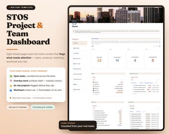 May include: A digital Notion template dashboard titled STOS Project & Team Dashboard, featuring a home screen interface with key metrics, task lists, project tracking, and meeting schedules displayed on a tablet screen against a light background.