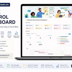 Può includere: Uno schermo di laptop mostra un modello Notion intitolato "Work Control Dashboard". L'interfaccia presenta sezioni di monitoraggio delle attività, pianificazione dei progetti e panoramica della produttività. Il design è pulito, incentrato sull'organizzazione e sul controllo del lavoro.