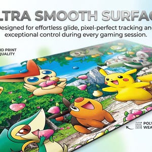 May include: A rectangular gaming mouse pad featuring a colorful illustration of various cartoon creatures in a forest setting. The text reads ULTRA SMOOTH SURFACE, Designed for effortless glide, pixel-perfect tracking and exceptional control during every gaming session, HD PRINT QUALITY, POLYMER WEAVE, and DESK OTAKU SETUP.