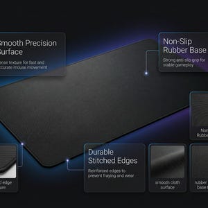Pu&ograve; includere: Tappetino per mouse rettangolare nero con una superficie di precisione liscia per un movimento del mouse veloce e preciso. Bordi cuciti resistenti e base in gomma antiscivolo per un gameplay stabile. Texture densa e superficie in tessuto liscio.