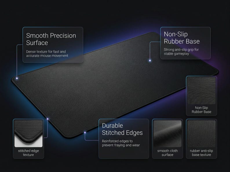 Pu&ograve; includere: Tappetino per mouse rettangolare nero con una superficie di precisione liscia per un movimento del mouse veloce e preciso. Bordi cuciti resistenti e base in gomma antiscivolo per un gameplay stabile. Texture densa e superficie in tessuto liscio.