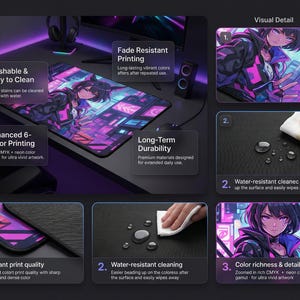 Pu&ograve; includere: Un tappetino per mouse da gioco rettangolare con una vivace illustrazione in stile anime nei colori viola e neon. Le caratteristiche includono una stampa a 6 colori migliorata, resistenza all'acqua e durata a lungo termine. Il testo dice "Washable & Easy to Clean".