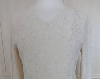 Artwork Ecru Hand Knitted Cotton Sweater With Beading UK 10/12