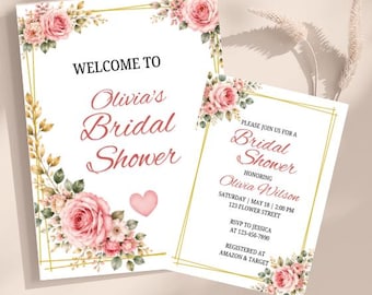 Lot imprimable floral rose pour la douche nuptiale | Jeux et décorations pour la douche nuptiale | Faire-part de douche nuptiale modifiable