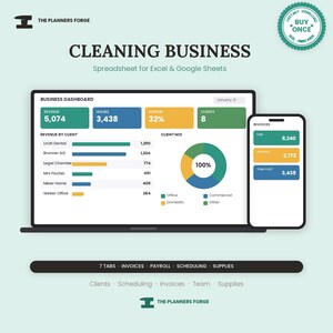 Peut inclure: Un tableur numérique pour entreprise de nettoyage compatible Excel et Google Sheets par The Planners Forge. L'interface affiche un tableau de bord avec les revenus, salaires, marges et données clients, ainsi qu'un résumé de factures sur mobile.