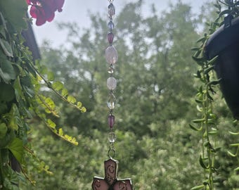 Atrapasueños/Decoración colgante casera - Cruz de cristal rosa