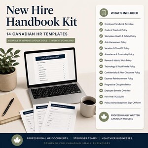 May include: A laptop displays an employee handbook, with printed documents and a coffee cup nearby. The image promotes a "New Hire Handbook Kit" with 14 Canadian HR templates, including policies on conduct, safety, and benefits. Text includes "Professional HR Documents" and "Designed for Canadian Small Businesses."