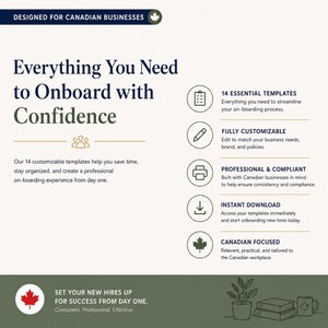 Puede incluir: Gráfico promocional con el texto "Everything You Need to Onboard with Confidence". Destaca 14 plantillas esenciales, opciones de personalización, cumplimiento profesional, descargas instantáneas y contenido enfocado en Canadá para empresas.
