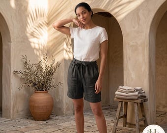 Organic Linen Shorts for Women with Pockets Loose Fit Handmade Summer Shorts