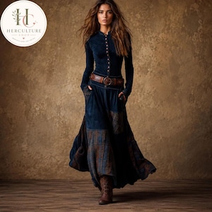 May include: A long-sleeved dark blue button-down top paired with a matching floor-length skirt featuring a blue and brown plaid pattern at the hem. The outfit includes a brown leather belt with a circular buckle and brown lace-up boots.
