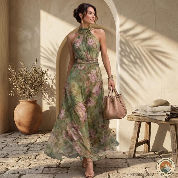 green chiffon halter dress Maxi Dress, Floral Backless Boho Wedding Guest Halter neck Colour:Blue Acacia Relaxed Fit Cotton Dress Customizable Bridesmaid Dress, Cotton shine metallic foil with