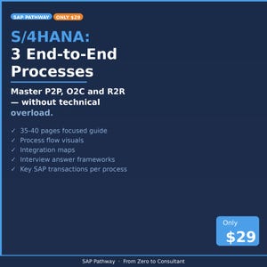Può includere: Grafica blu scuro con testo bianco che promuove una guida sui processi S/4HANA. Il testo include "3 End-to-End Processes" e "Master P2P, O2C and R2R". La guida include una guida mirata di 35-40 pagine, visualizzazioni del flusso di processo e mappe di integrazione.