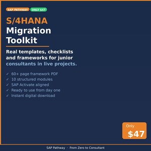 Può includere: Annuncio per S/4HANA Migration Toolkit, un prodotto digitale. L'immagine presenta testo su sfondo blu scuro con accenti arancioni. Il toolkit offre modelli, liste di controllo e framework per consulenti junior. Include un PDF di oltre 60 pagine e 10 moduli.