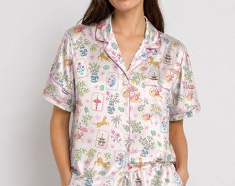 Mahjong Satin Pajama Set for Women, Monkey Print Pajamas, Summer Short PJs, Cute Oriental Mahjong Sleepwear, Gift for Mom