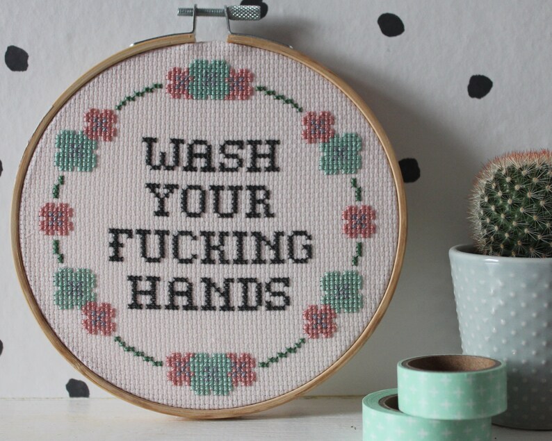 Rude Cross Stitch Kit Wash Your Hands Funny Modern Floral Etsy