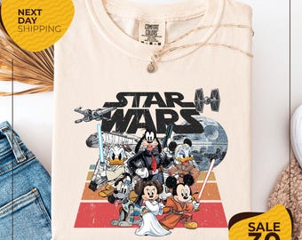 Comfort Color® Retro Star Wars Disney Shirts | Retro Mickey and Friends Jedi Tee | Family Vacation Outfit | Sci-Fi Cartoon Graphic | Disney
