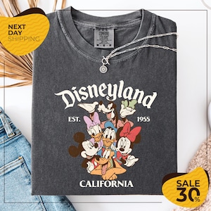 a gray t-shirt with a Disney-themed graphic, including Mickey Mouse, Minnie Mouse, Donald Duck, and Goofy. The t-shirt is displayed on a white background, and there are yellow and black sale signs indicating a 30% discount.