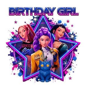 Może przedstawiać: Projekt graficzny z napisem BIRTHDAY GIRL w kolorze fioletowym i niebieskim. Trzy stylizowane postacie znajdują się przed dużą neonową gwiazdą z różowymi i niebieskimi plamami farby. Niebieski kot z żółtymi oczami siedzi na pierwszym planie.