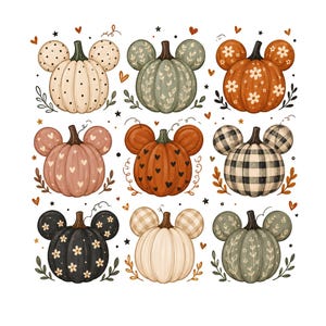 May include: A collection of nine decorative pumpkins arranged in a grid, each featuring rounded ears. The pumpkins display various patterns including polka dots, floral motifs, hearts, and plaid, rendered in a palette of orange, black, white, and green.