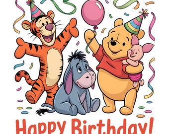 Imagen PNG de cumpleaños de Winnie the Pooh, imágenes prediseñadas de Tigger, Eeyore y Piglet para fiestas, descarga instantánea.