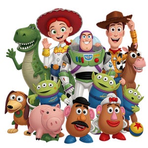 Può includere: Un gruppo di personaggi animati che include un dinosauro verde, una cowgirl dai capelli rossi, un ranger spaziale in tuta bianca, un cowboy con cappello marrone, un cane marrone, un maiale rosa, due figure di patata, tre alieni verdi e una palla.